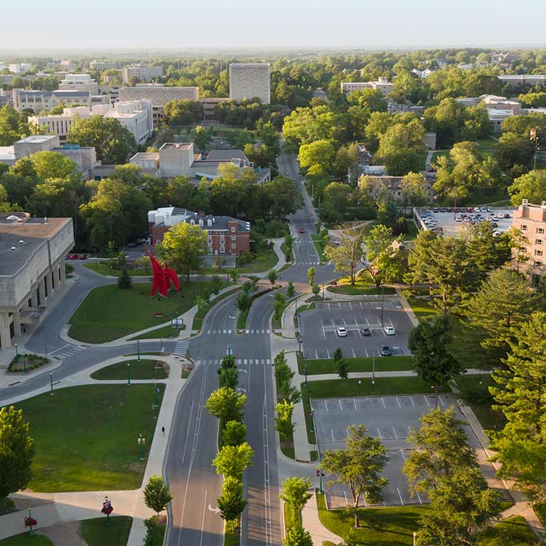 Aerial view of the IU Bloomington campus showing the Musical Arts Center and the Wells Library
